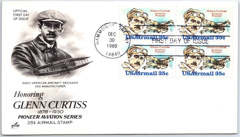 US FIRST DAY COVER GLENN CURTIS PLATE AVIATION PIONEER BLOCK OF (4) CACHET