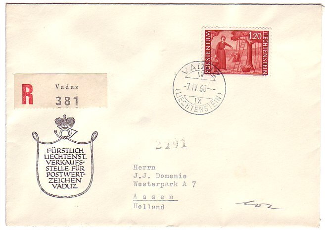 Registered FDC cover Liechtenstein 1960 Apple harvest