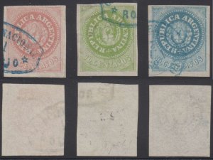 ARGENTINA 1862 ESCUDITOS Sc 5-7 FULL SET USED BY BLUE ROSARIO CANCELS CV$371+
