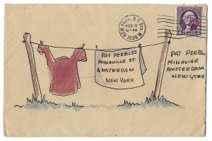 New York City to Amsterdam, N.Y. 1938 Hand Painted Cover, Scott 720, Clothesline