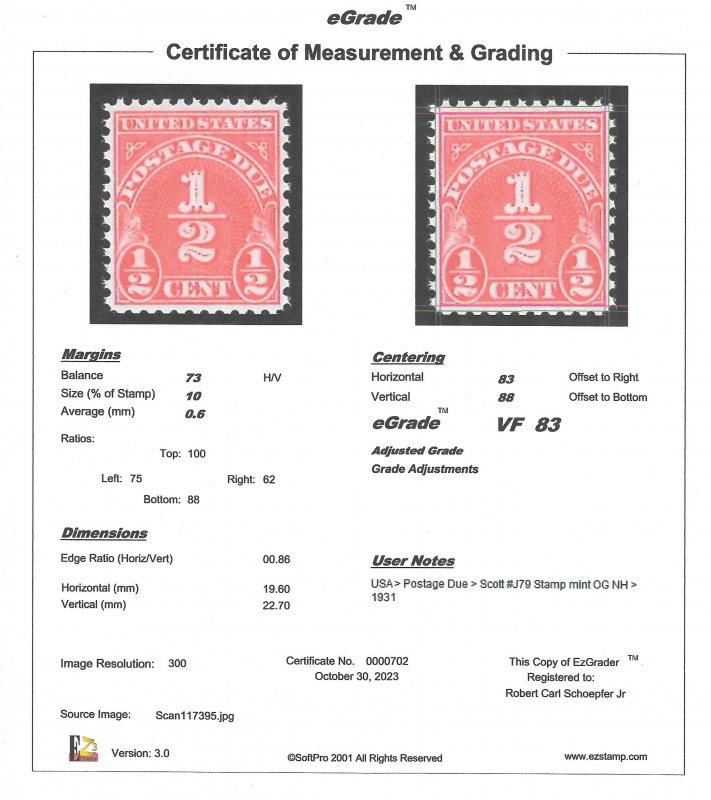 J79 1/2 cents Postage Due Carmine (1931) Stamp mint OG NH EGRADED VF 83