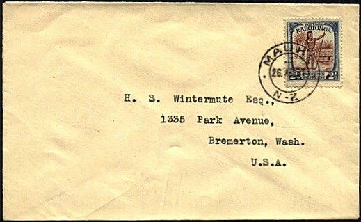 COOK IS 1931 2½d on cover to USA - scarce MAUKE / N.Z. cds.................20212