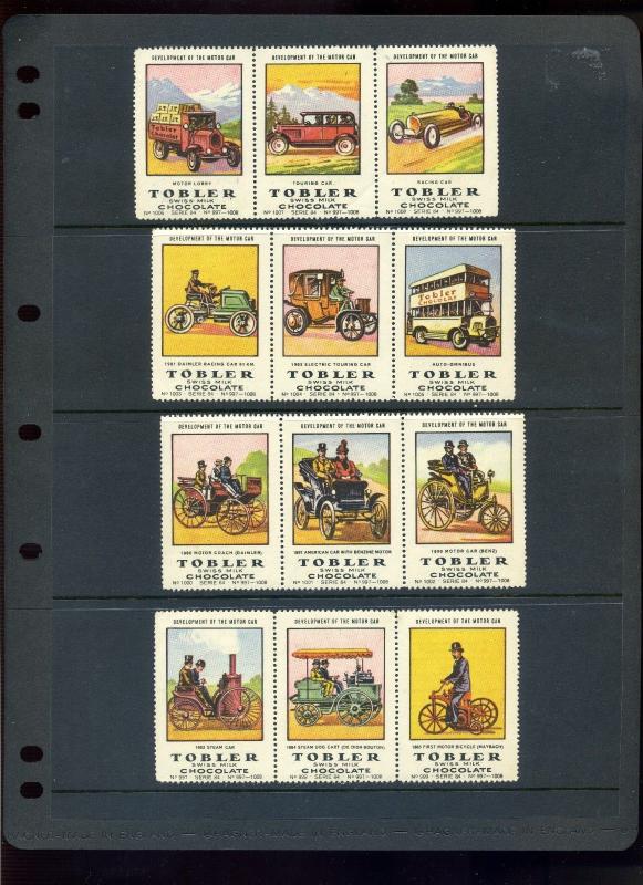 12 VINTAGE TOBLER CHOCOLATE DEVELOPMENT MOTOR CAR HISTORIC POSTER STAMPS (L1018)