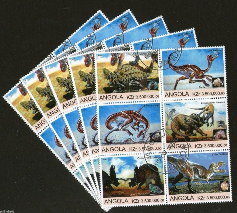 Angola 2000 Pre Historic Animals Wild Life Setenant BLK/6 Cancelled x5 # 13494