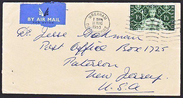 GB 1953 Coronation 1/3d single franking on airmail cover to USA............67427