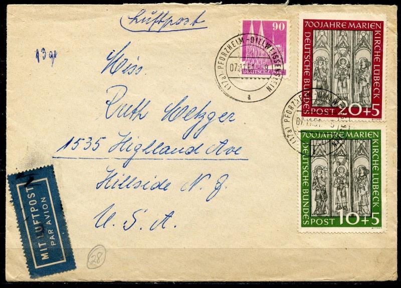 GERMANY LUBECK SET SCOTT#B316/17 657 AIRMAIL RATE ON 1951 AIRMAIL COVER TO NJ US 