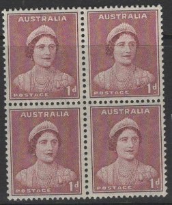 AUSTRALIA SG181 1941 1d MAROON p15x14 BLOCK OF 4 MNH