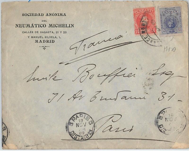 58405 -  SPAIN  - POSTAL HISTORY:  MIXED FRANKING  on COVER franqueo misto 1909