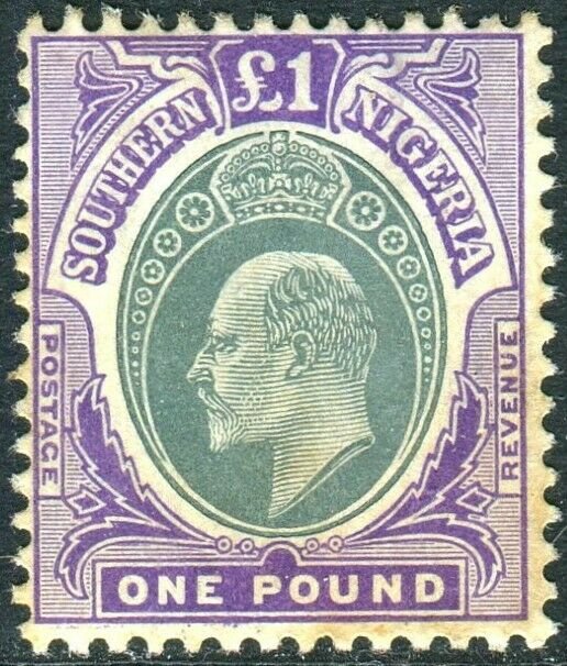 SOUTHERN NIGERIA-1906 £1 Green Violet Chalk Surfaced LMM light gum toning Sg 32a