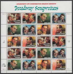 US #3345-50  Broadway Songwriters   Full sheet of 20  MNH
