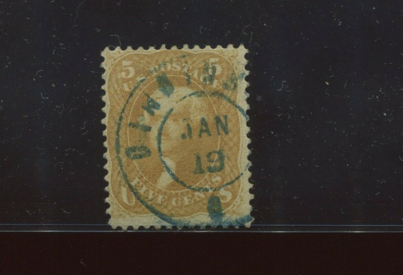 Scott 67 Jefferson Used Stamp with Bold Blue Cincinnati Dated CCL (Stock 67-1A)