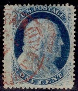 US Stamp #24 1c Blue w/ Red PAID CDS Cancel SCV $37.50++. Fantastic Cancel.