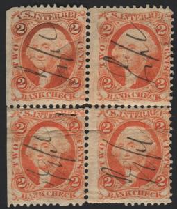 R6c 2¢ Revenue: Bank Check Block of Four (1862) Used