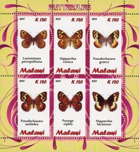 Malawi Butterfly Insect Hipparchia Hermione Souvenir Sheet of 6 Stamps Mint NH