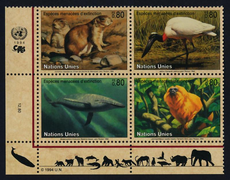 United Nations - Geneva 249a BL Block MNH Blue Whale, Prairie Dog, Bird, Jabiru