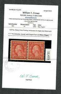 US Sc#454 M/NH/F-VF, Coil Pair-Crowe Cert, Cv. $360