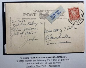 1952 Dublin Ireland Airmail Picture Postcard Cover To Tennessee Usa Customs Hous