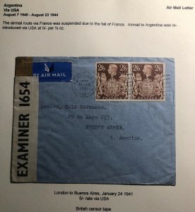 1941 London England Commercial Airmail censored Cover To Buenos Aires Argentina