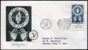 United Nations SC#21 3¢ Human Rights; Flame and Hands FDC (1953) Addressed