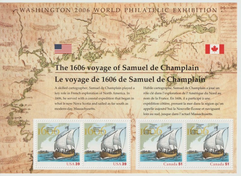 U.S.  Scott# 4074 2006 Samuel de Champlain issue w/Canada MNH S/S