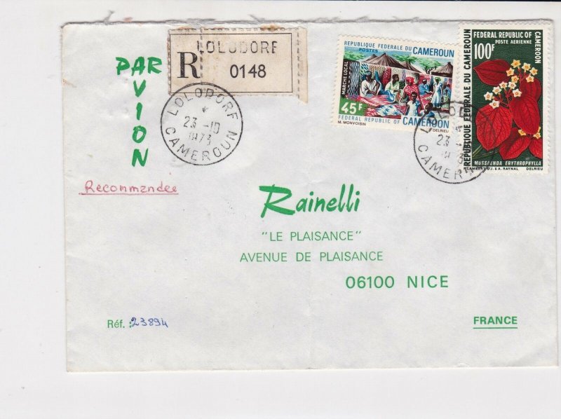 cameroun 1973 flowers + fabric market scene airmail stamps cover ref 20455