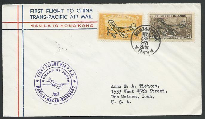 PHILIPPINES 1937 first flight cover to Hong Kong, onwards to USA...........11786