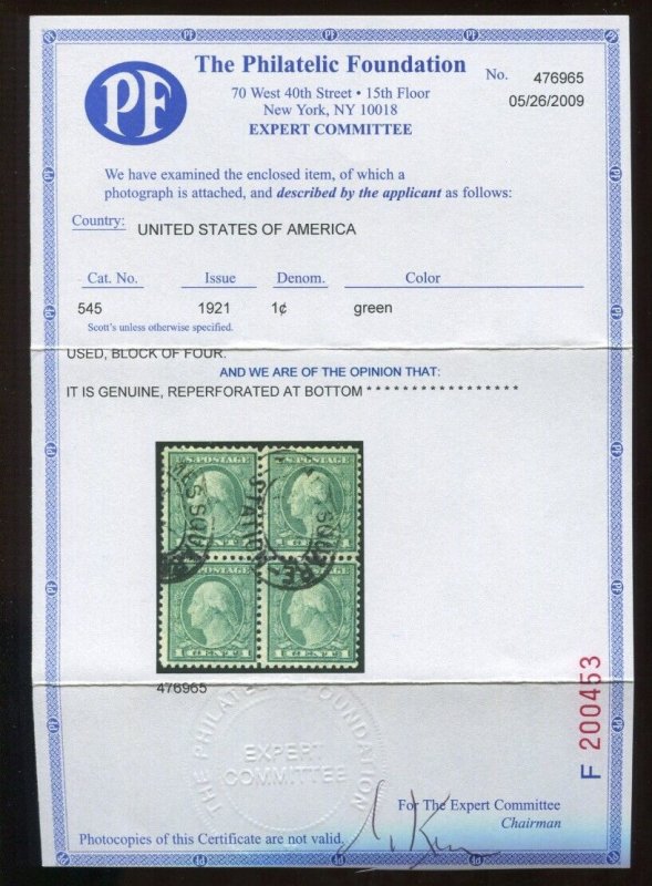 545 Washington Coil Waste Used Stamp with PF Cert BZ1630B