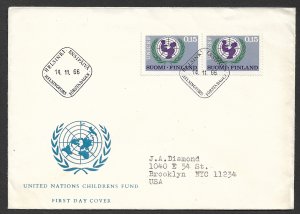 FINLAND 1966 UNICEF Issue Sc 443 Pair on Cachet FDC to USA