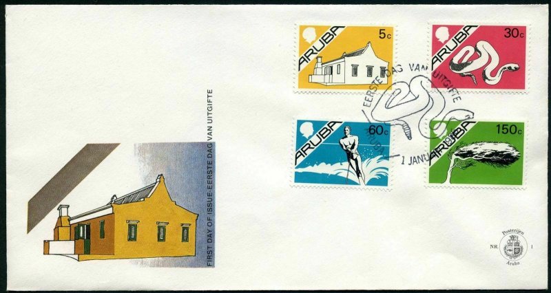 Aruba 1-16,FDC. 1986-1987.Traditional House,King William III Tower,Crane,Snake, 