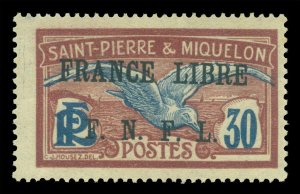 St. PIERRE & MIQUELON  1941  FRANCE LIBRE ovpt.  Seagull 30c  Sc# 206D mint MH