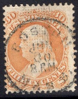 US Stamp #100 30c Franklin F Grill USED SCV $950. Fantastic Cancel Strike.