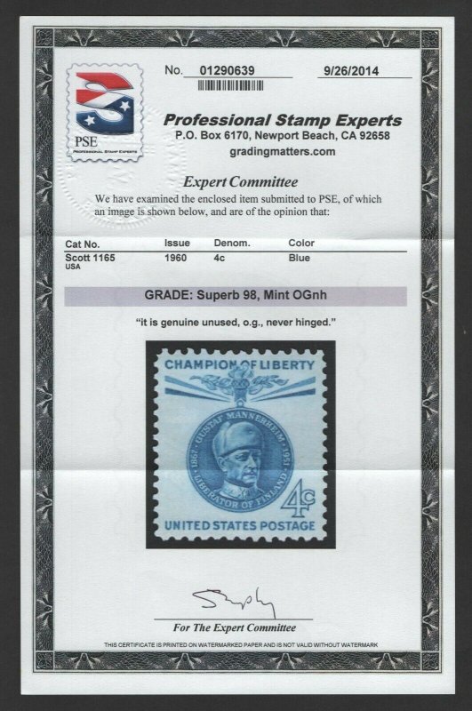 Scott #1165 Mint OGnh PSE Cert. Superb-98 SMQ $70  (LB 10/17)