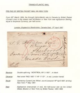 1857 British Packet 8p PAID Cunard Line Africa New York > Sherbrooke Canada EAST