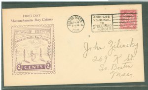 US 682 1930 2c Massachusetts Bay Colony (single) on an addressed first day cover with a Boston, MA cancel and a Roessler cachet.