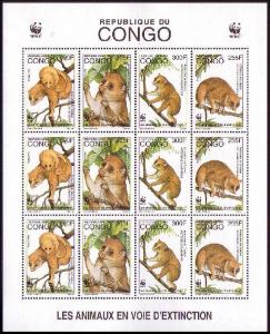 Congo WWF Golden Potto Sheetlet of 3 sets / 12 stamps SC#1134 a-d MI#1504-07