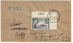 Pitcairn Island 1954 registered cover to Australia, 1/- plate number