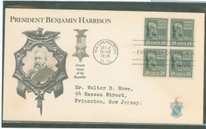 US 828 1938 24c Benjamin Harrison, Part of The Presidential / Prexy Series, an an addressed, typed, FDC wtih a Cachet by an Unkn