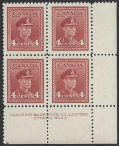 Canada #254 MNH Plate Block of 4 Plate #43