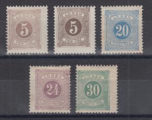 Sweden Sc J14/J20 MLH. 1877-1886 perf 13 Postage Dues, 5 different