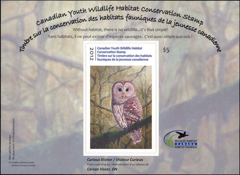 CANADA 2012  YOUTH WILDLIFE DUCK STAMP  OWL These were only issued 2010-2013