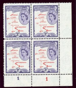 St Kitts-Nevis 1954 QEII 3c carmine-red & violet Plate 1 block MNH. SG 109.