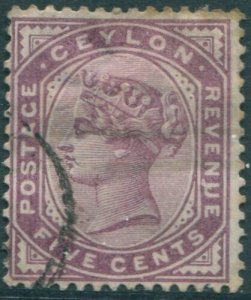 Ceylon 1886 SG195 5c dull purple QV toned perfs #1 FU (amd)