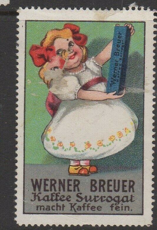 Werner Breuer Coffee Products Vignette Advertising Stamp - Girl with Coffee - NG