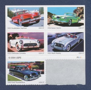 USA-  Scott 3931-3935 - S/A MNH 37 ct block of five - 1950's Sporty Cars - 2005