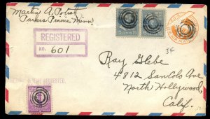 U.S. Scott 820 (2) Prexies & 901 on Reg. Ret. Rcpt. 1942 UC3 Air Stamped Env.