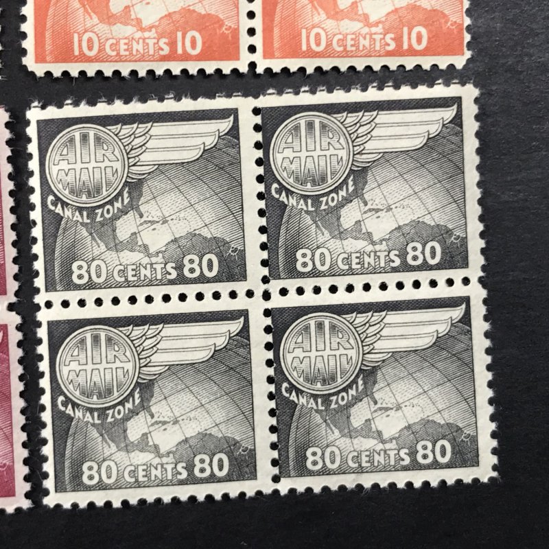 U.S.-CANAL ZONE # C21a-C26a-MNH-AIR-MAIL-WET PRINT-COMPLETE SET/BLOCKS OF 4-1951