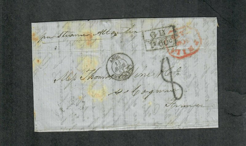 Transatlantic Ship Cover Philadelphia To Cognac 1857 Africa