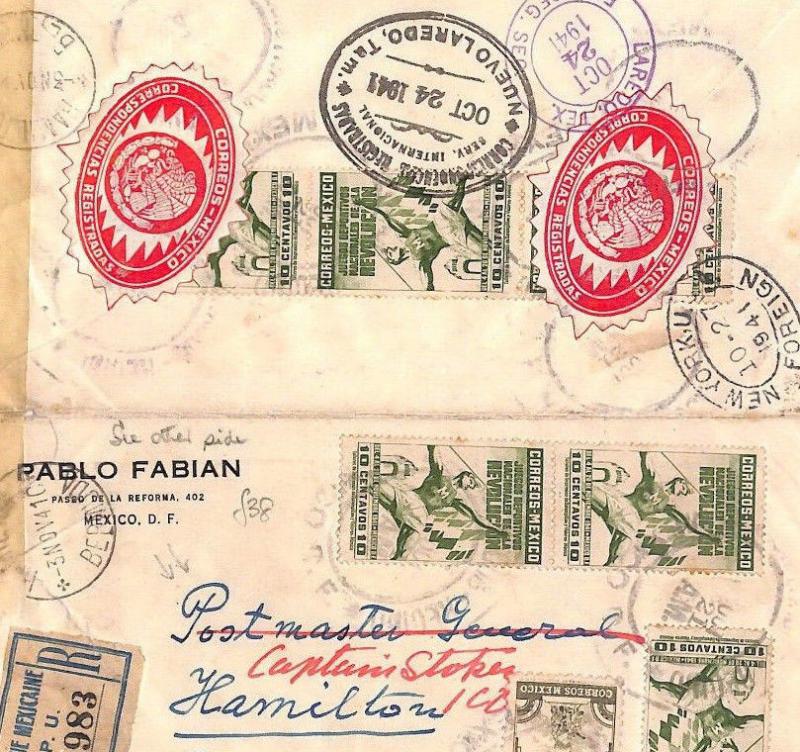 CB313 1941 MEXICO WW2 Registered Postal Seals Censor Cover BERMUDA Forwarded GPO