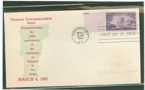 US 903 1941 3c Vermont/150th anniversary of statehood (single) on an addressed (pencil) first day cover with an American cover c