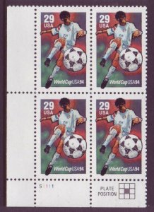 1994 World Cup Soccer Plate Block Of 4 29c Postage Stamps, Sc# 2834, MNH, OG